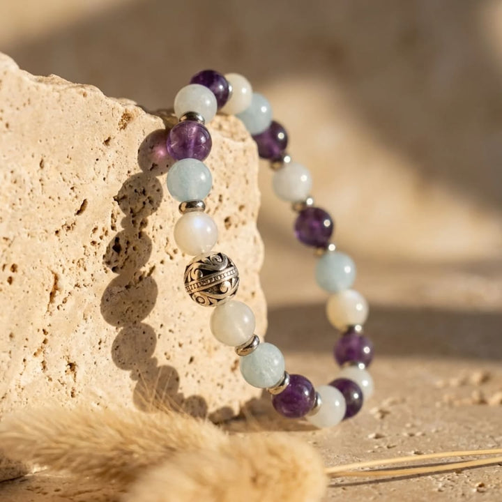 Bracelet Premium "Équilibre Intérieur" en Améthyste, Aigue-Marine & Pierre de Lune