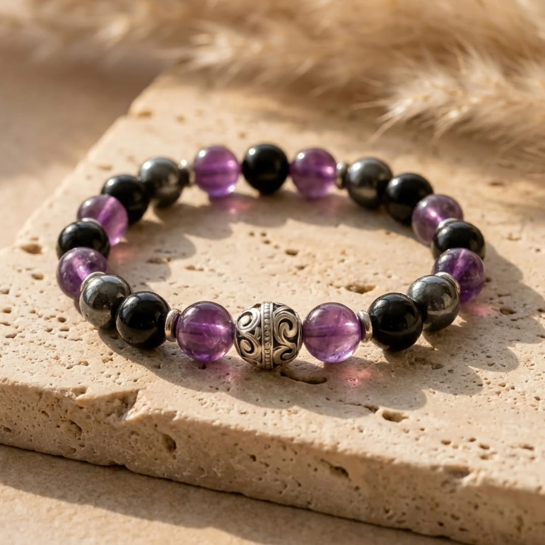 Bracelet "Bulle Protectrice" – Améthyste, Hématite & Obsidienne