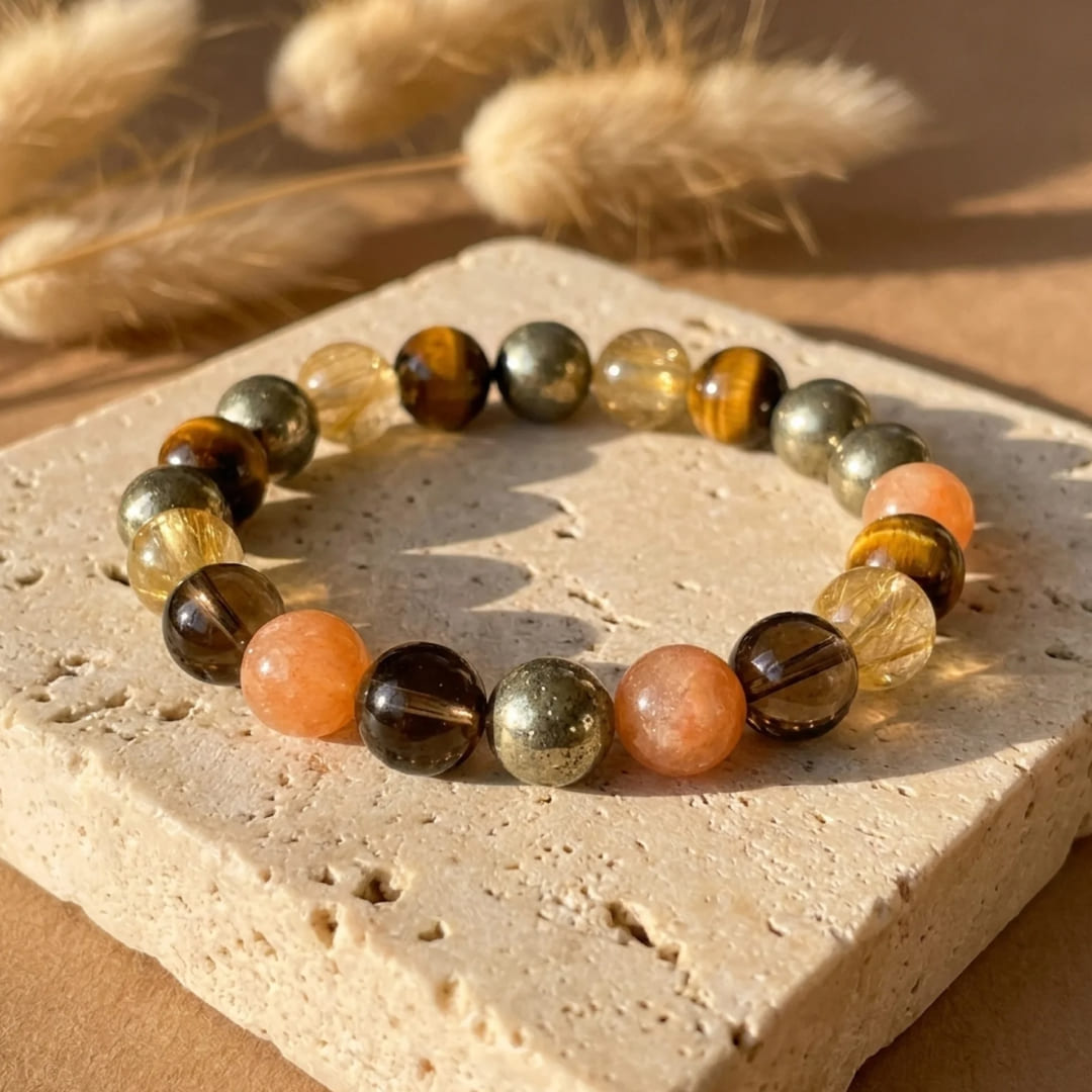 Bracelet "Énergie Solaire" en Quartz Fumé, Oeil de Tigre & Quartz Rutile Doré
