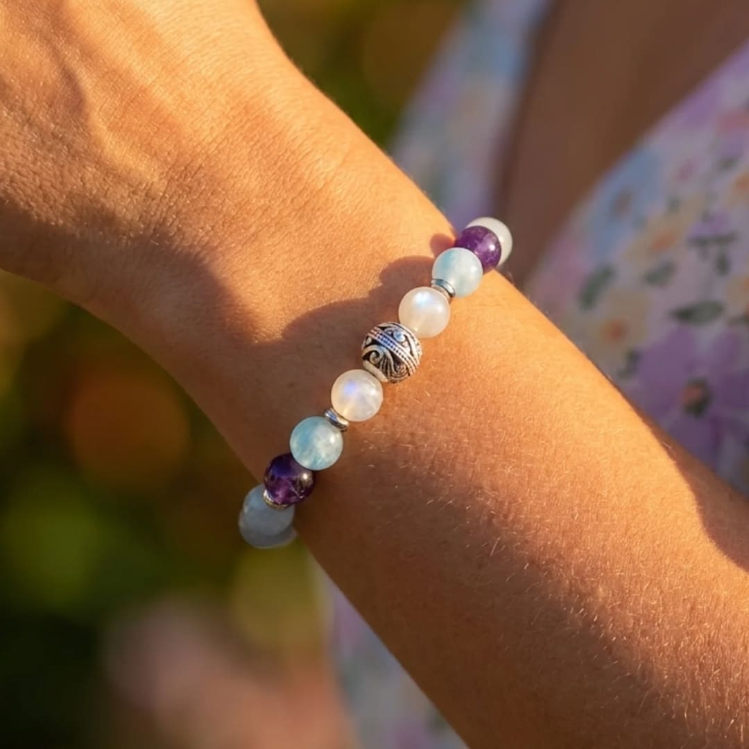 Bracelet Premium "Équilibre Intérieur" en Améthyste, Aigue-Marine & Pierre de Lune