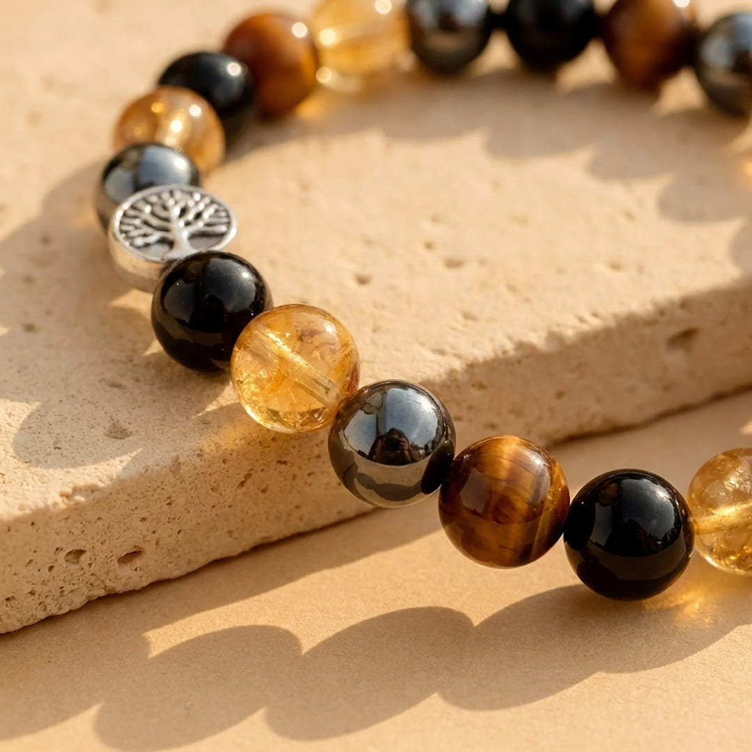 Bracelet "Force & Lumière" en Oeil de Tigre, Citrine, Hématite & Obsidienne