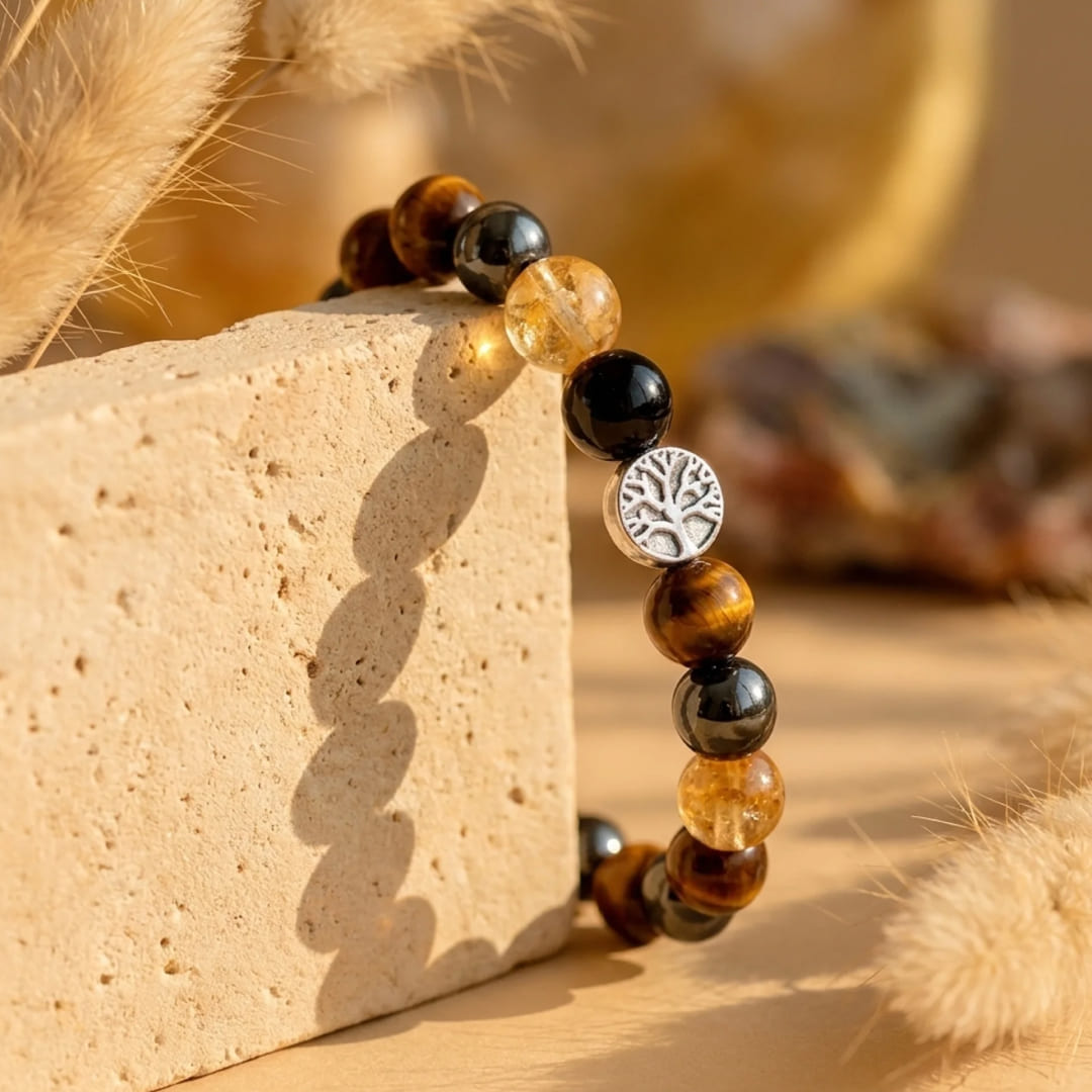 Bracelet "Force & Lumière" en Oeil de Tigre, Citrine, Hématite & Obsidienne