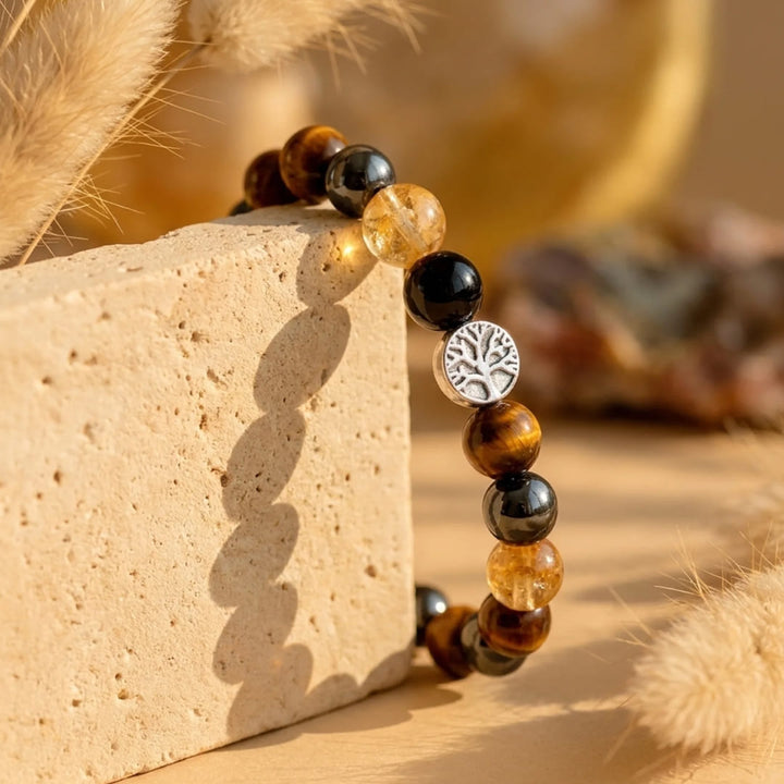 Bracelet "Force & Lumière" en Oeil de Tigre, Citrine, Hématite & Obsidienne