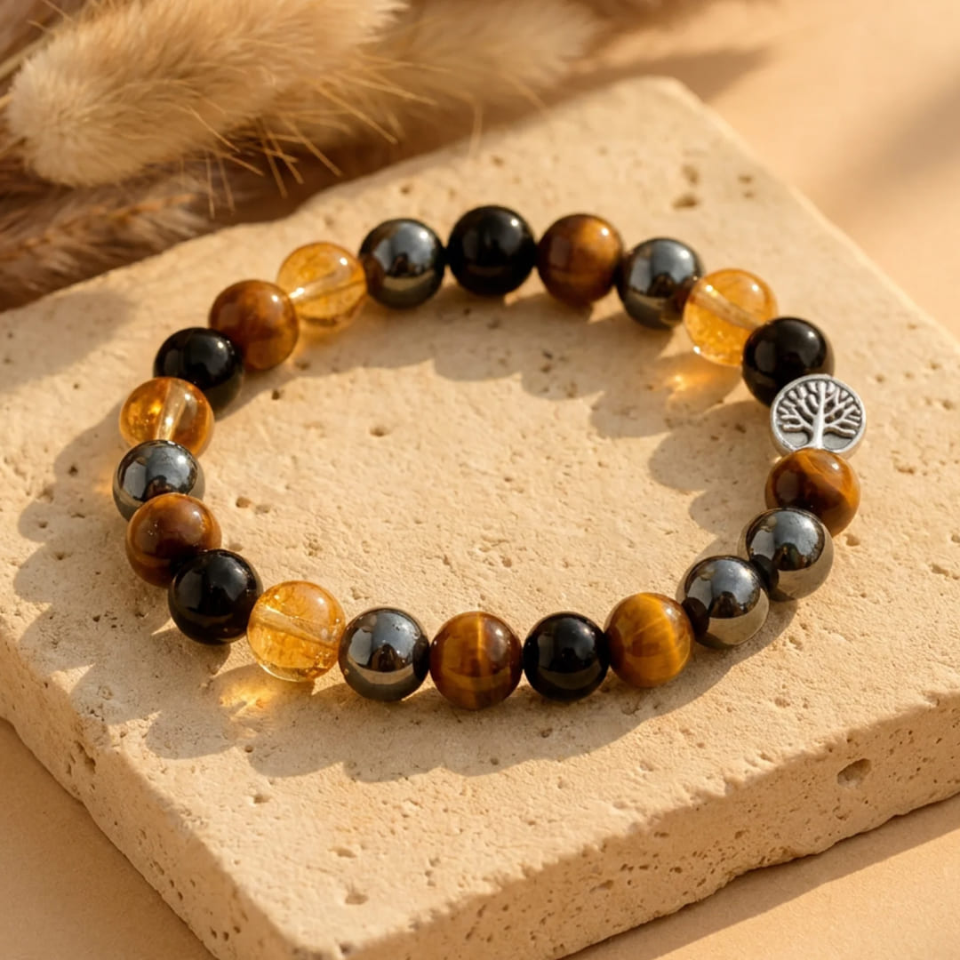 Bracelet "Force & Lumière" en Oeil de Tigre, Citrine, Hématite & Obsidienne