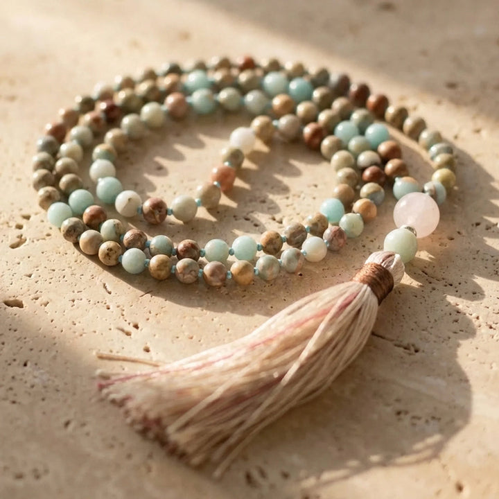 Collier Mala 108 Perles en Jaspe Aqua Terra, Amazonite & Quartz Rose