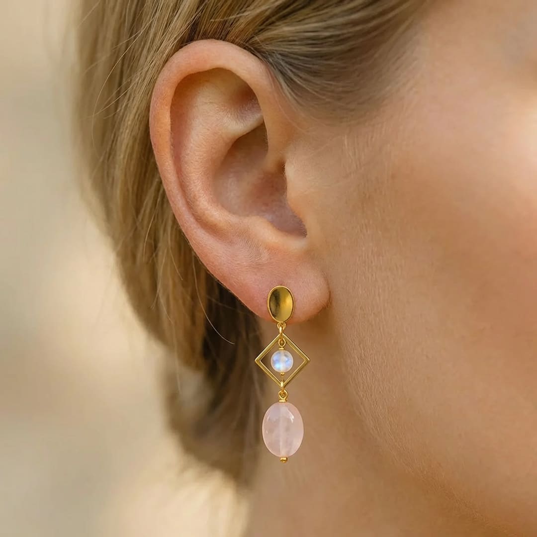 Boucles d’Oreilles "Émotion & Élégance" en Quartz Rose & Pierre de Lune