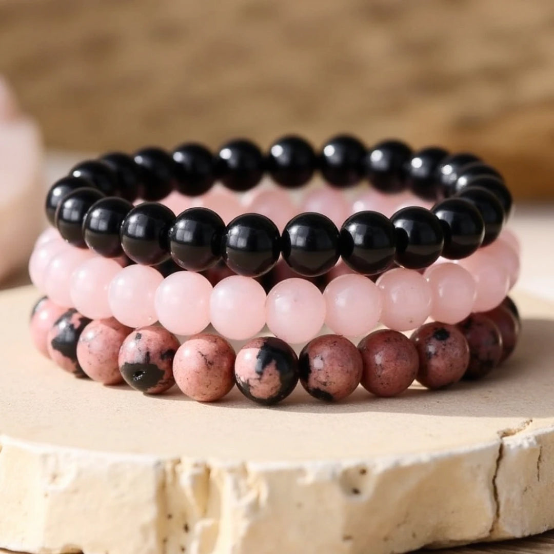 Trio de Bracelets "Paix et Equilibre" en Onyx, Quartz Rose & Rhodonite