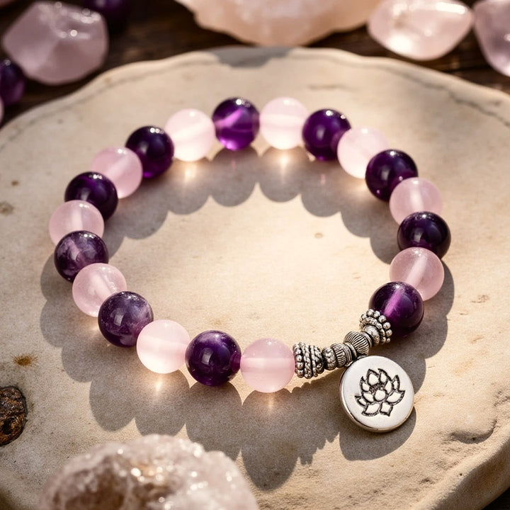 Bracelet "Amour & Spiritualité" en Améthyste & Quartz Rose