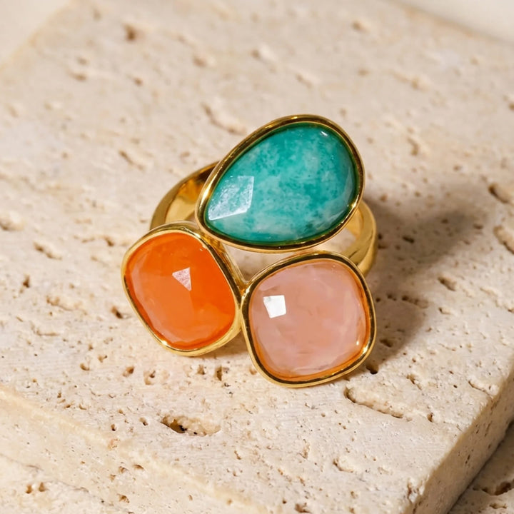 Bague "Santi" en Amazonite, Aventurine Orange & Quartz Rose