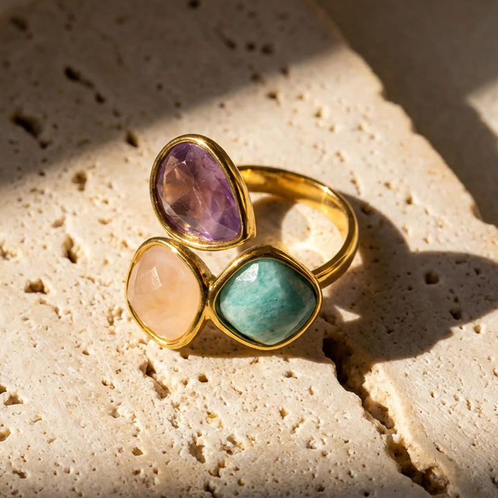 Bague "Aube Douce" en Amazonite, Quartz Rose & Améthyste