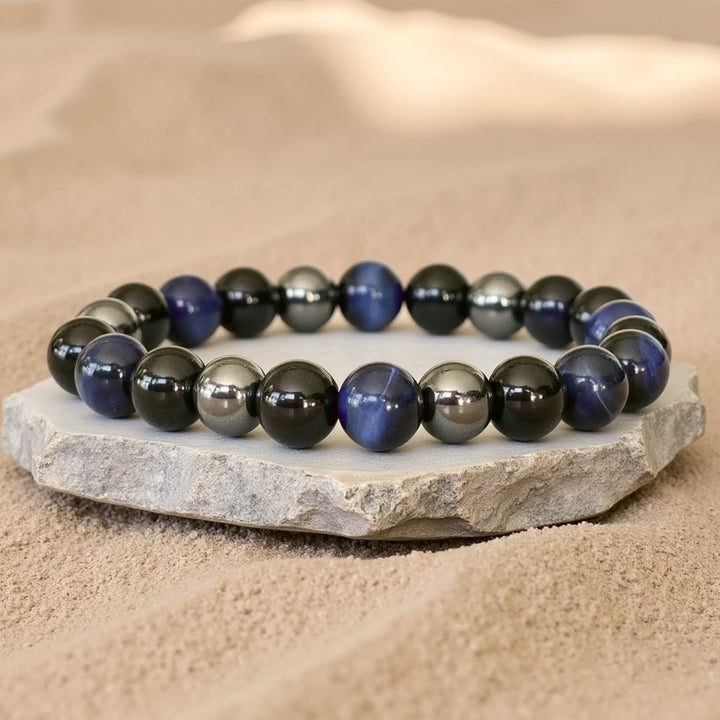 Bracelet "Cap Assuré" en Hématite, Tourmaline Noire & Oeil de Tigre Bleu