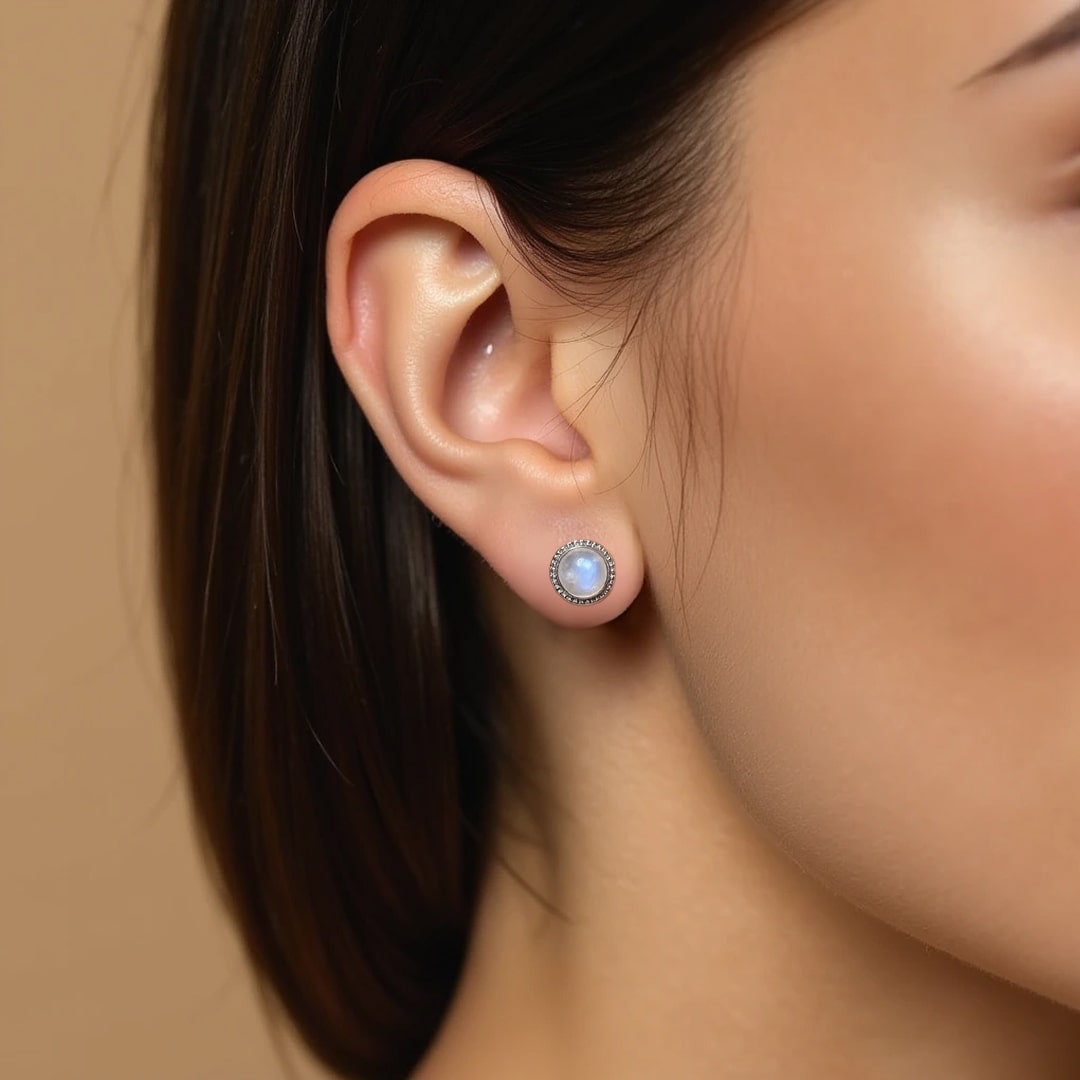 Boucles d'Oreilles Bouton en Labradorite Blanche