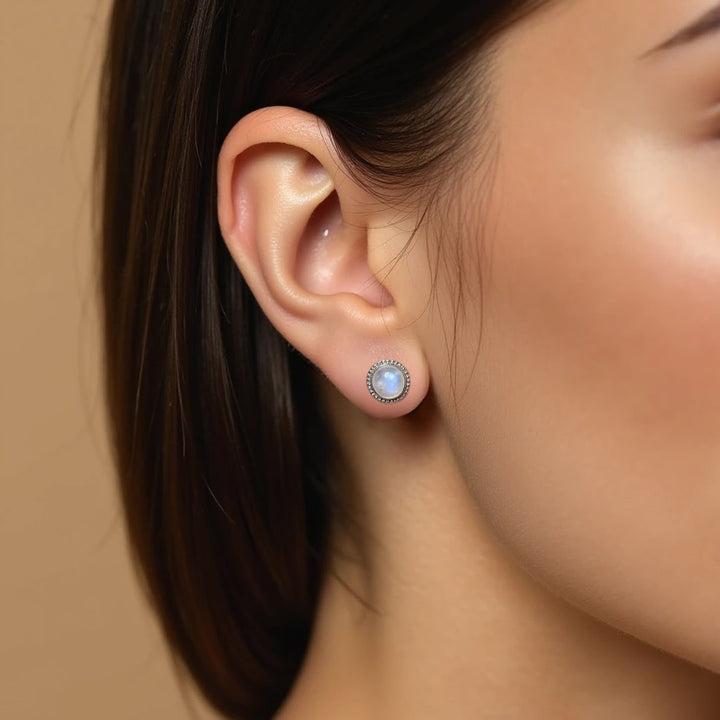 Boucles d'Oreilles Bouton en Labradorite Blanche