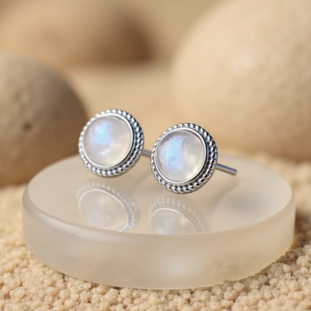 Boucles d'Oreilles Bouton en Labradorite Blanche