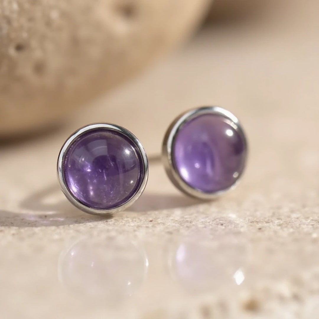 Boucles d'Oreilles Clous en Améthyste & Métal Argenté