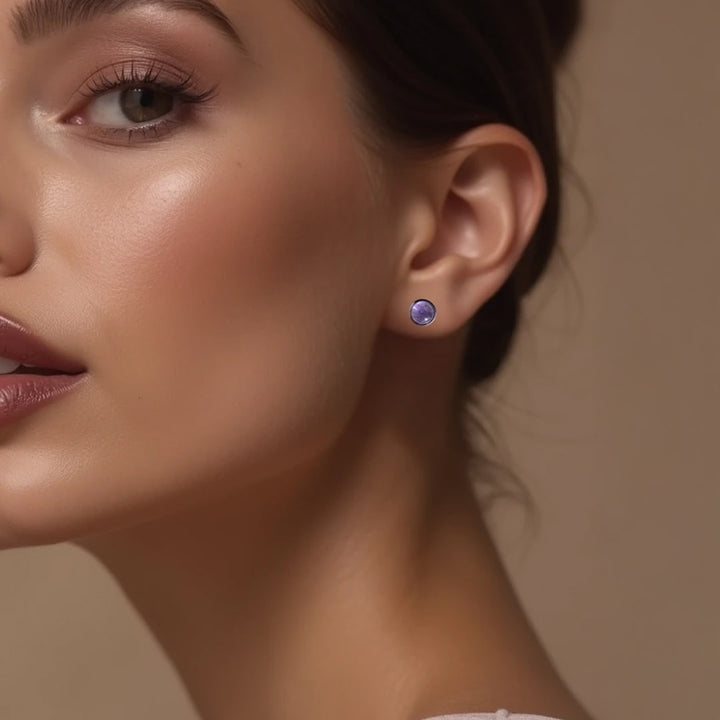 Boucles d'Oreilles Clous en Améthyste & Métal Argenté