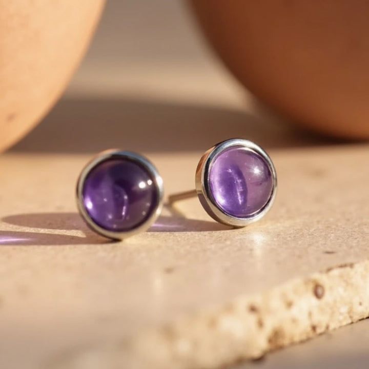 Boucles d'Oreilles Clous en Améthyste & Métal Argenté