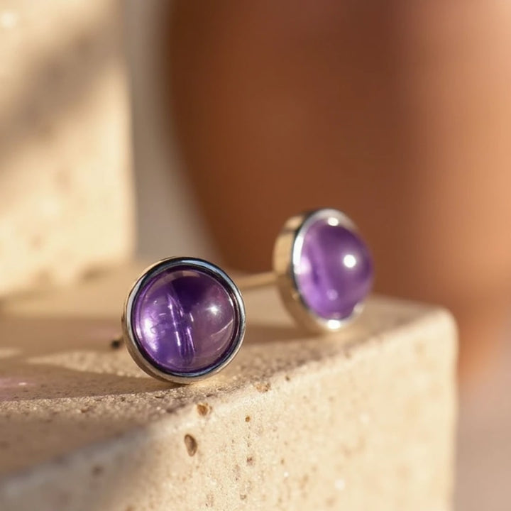 Boucles d'Oreilles Clous en Améthyste & Métal Argenté