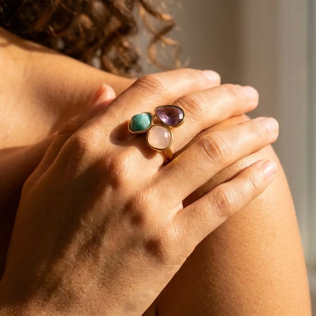 Bague "Aube Douce" en Amazonite, Quartz Rose & Améthyste