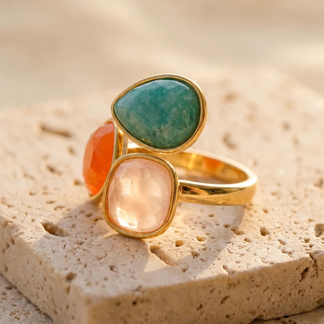 Bague "Santi" en Amazonite, Aventurine Orange & Quartz Rose