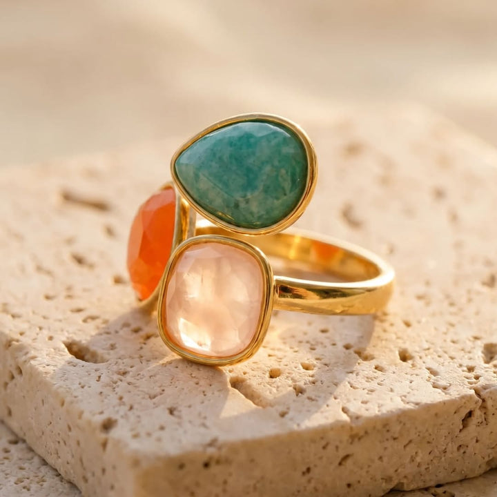 Bague "Santi" en Amazonite, Aventurine Orange & Quartz Rose