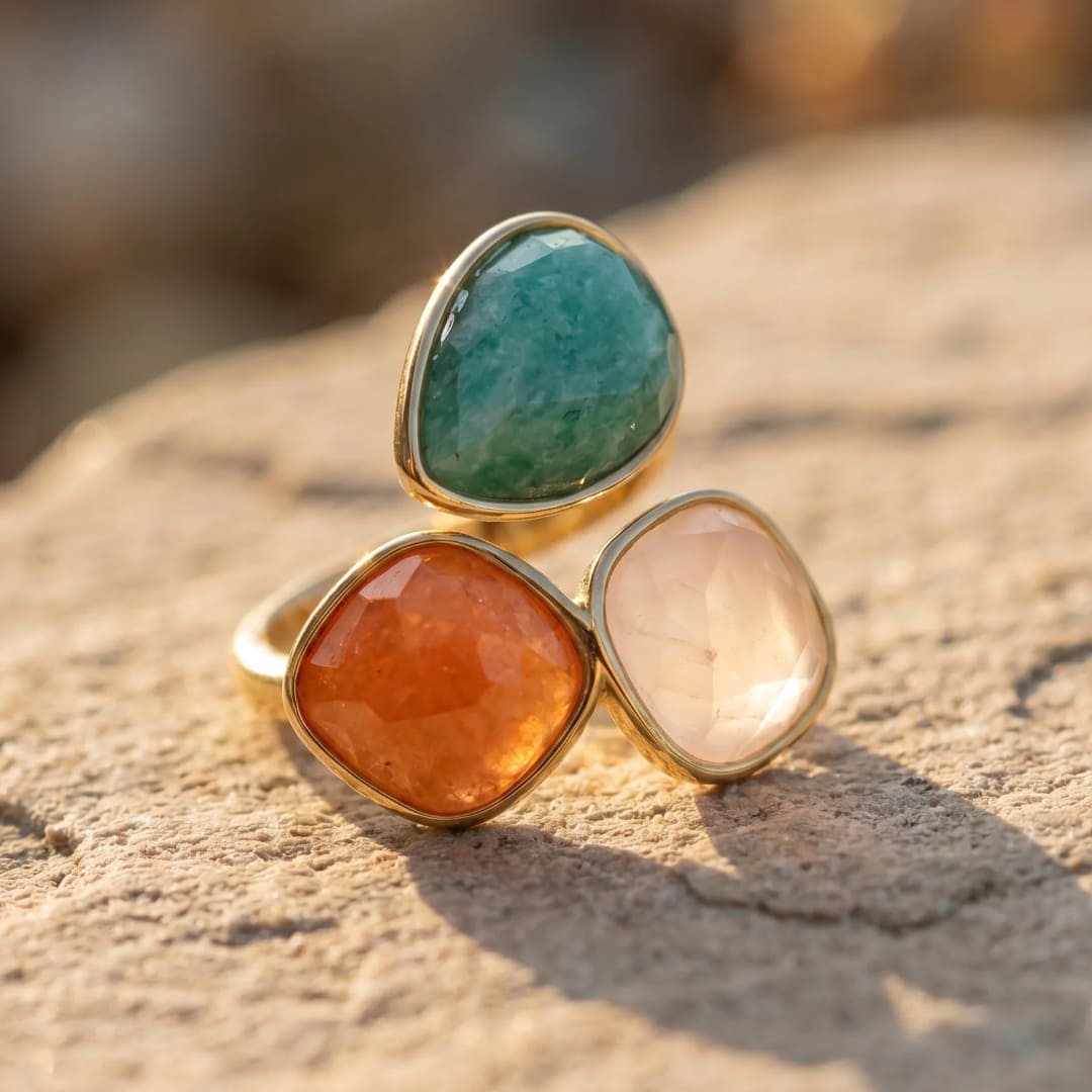 Bague "Santi" en Amazonite, Aventurine Orange & Quartz Rose