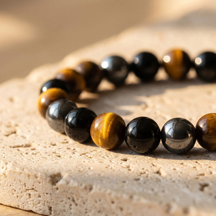 Bracelet "3 Protections" en Oeil de Tigre, Hématite & Obsidienne Noire
