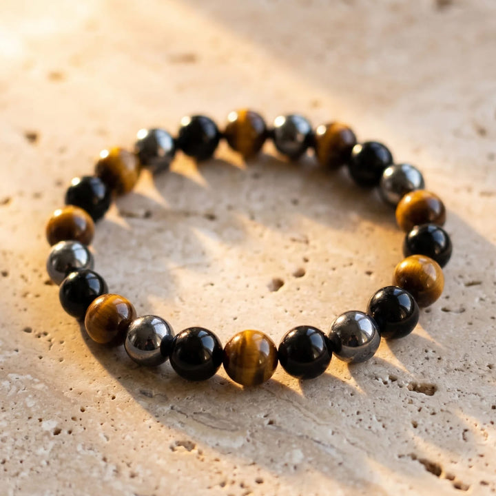 Bracelet "3 Protections" en Oeil de Tigre, Hématite & Obsidienne Noire