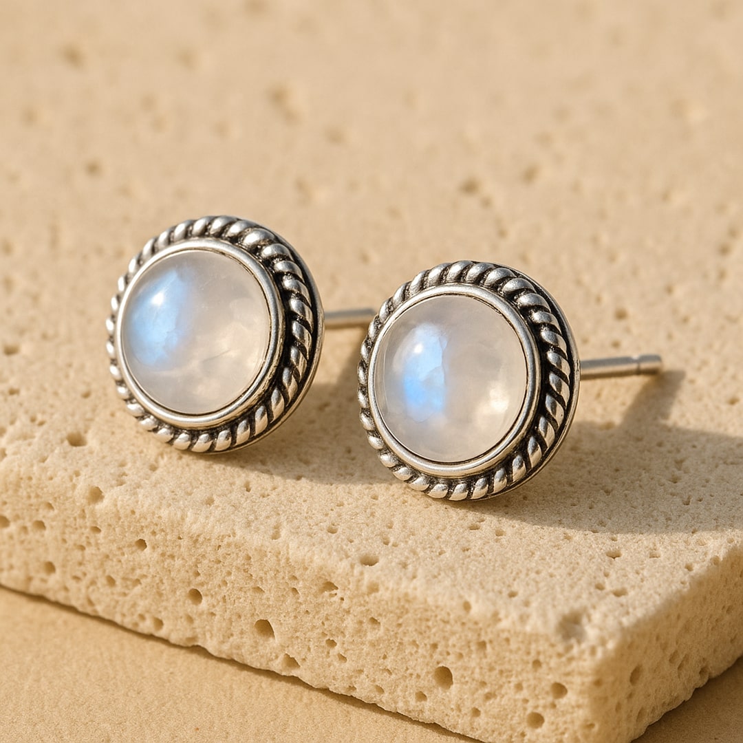Boucles d'Oreilles Bouton en Labradorite Blanche