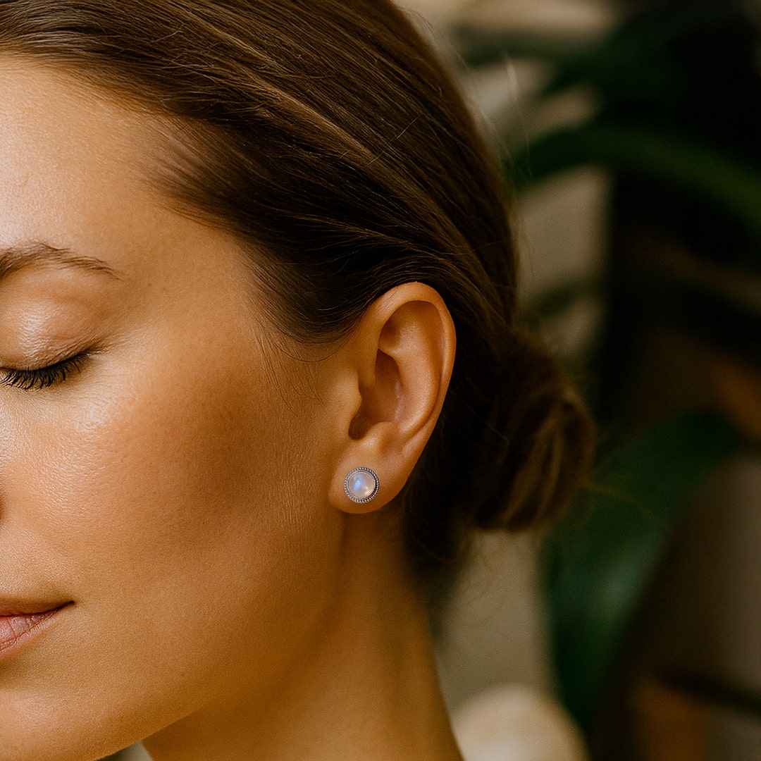 Boucles d'Oreilles Bouton en Labradorite Blanche