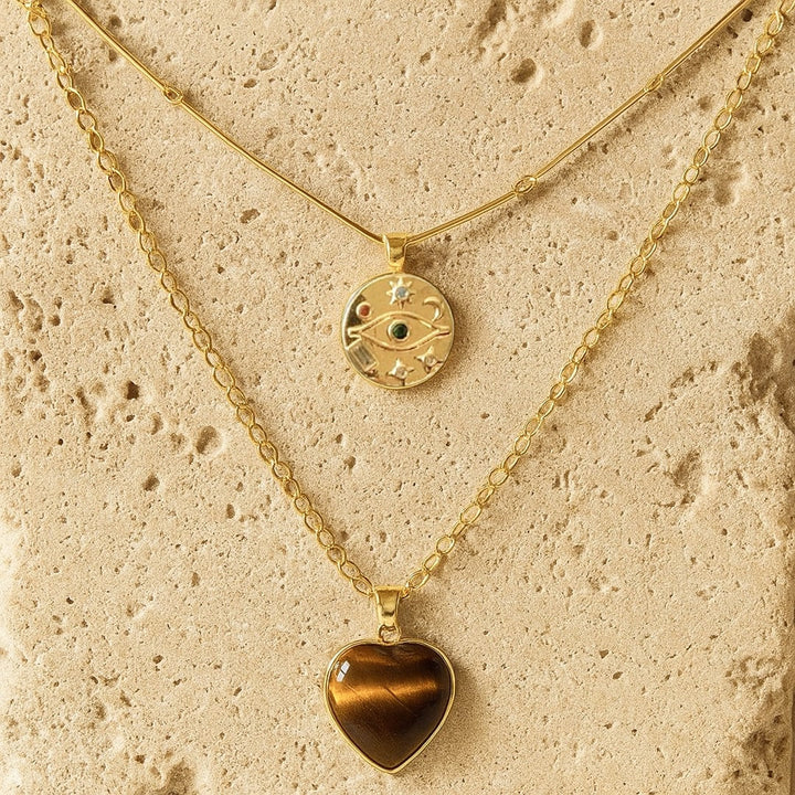Collier Double Rang "Coeur Protecteur" en Oeil de Tigre