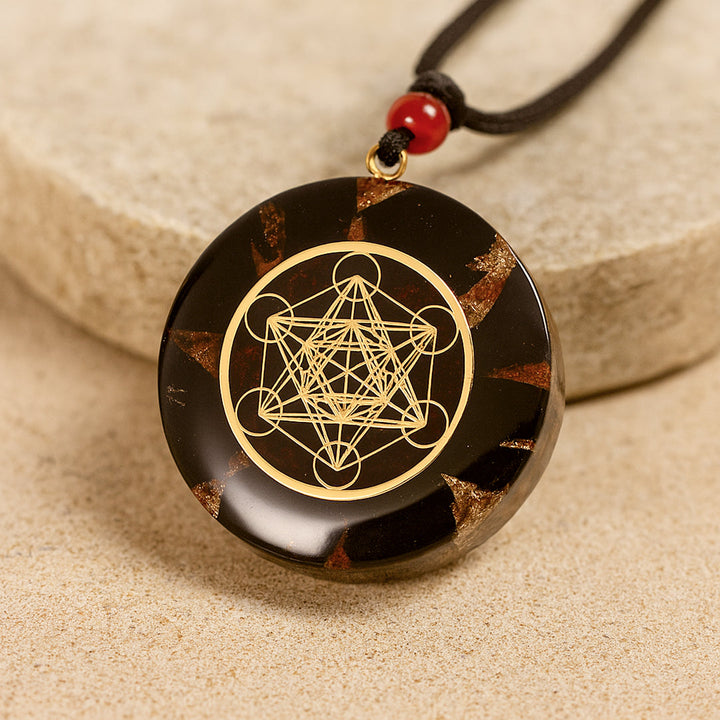 Pendentif Orgonite "Cube de Métatron" en Obsidienne & Grenat