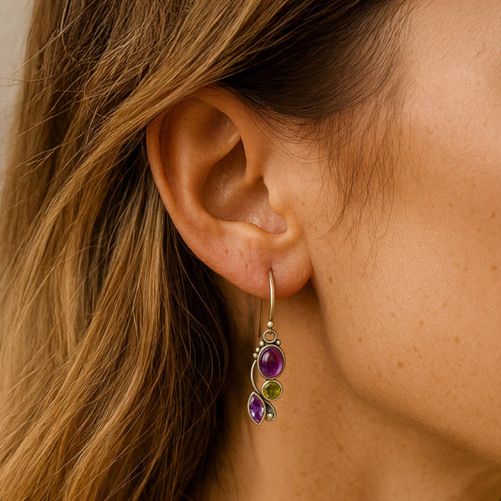 Boucles d'Oreilles "Cascade de Sérénité" en Améthyste & Péridot
