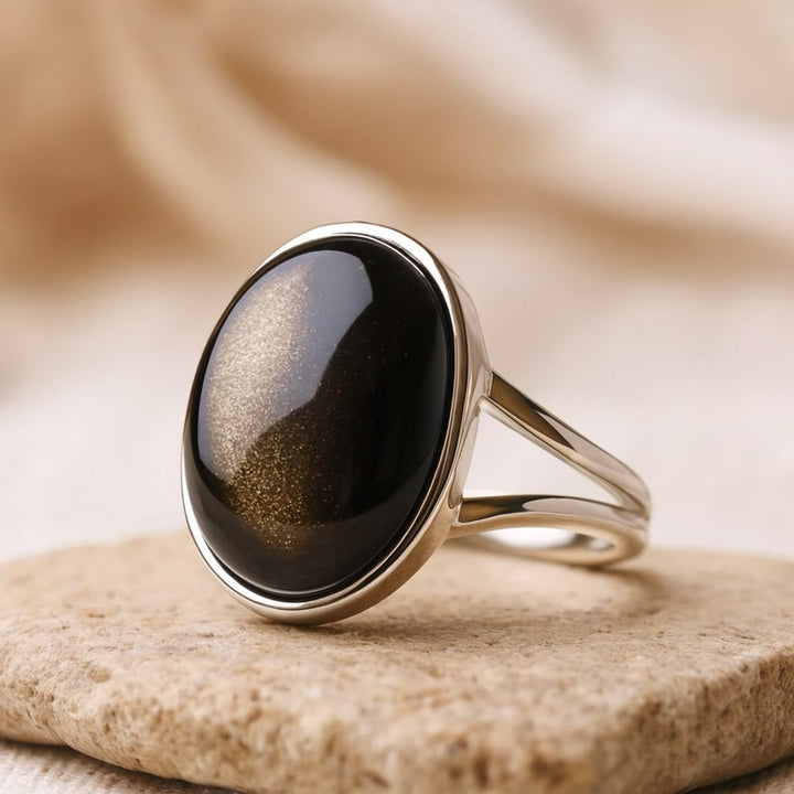 Bague Ajustable "Aura" en Obsidienne Dorée