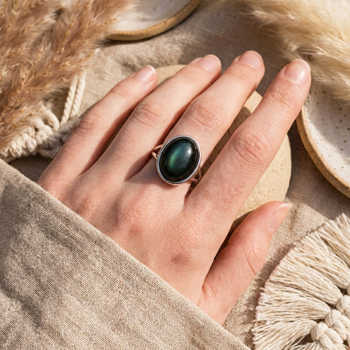 Bague Ajustable "Éveil de L'Âme" en Obsidienne Œil Céleste