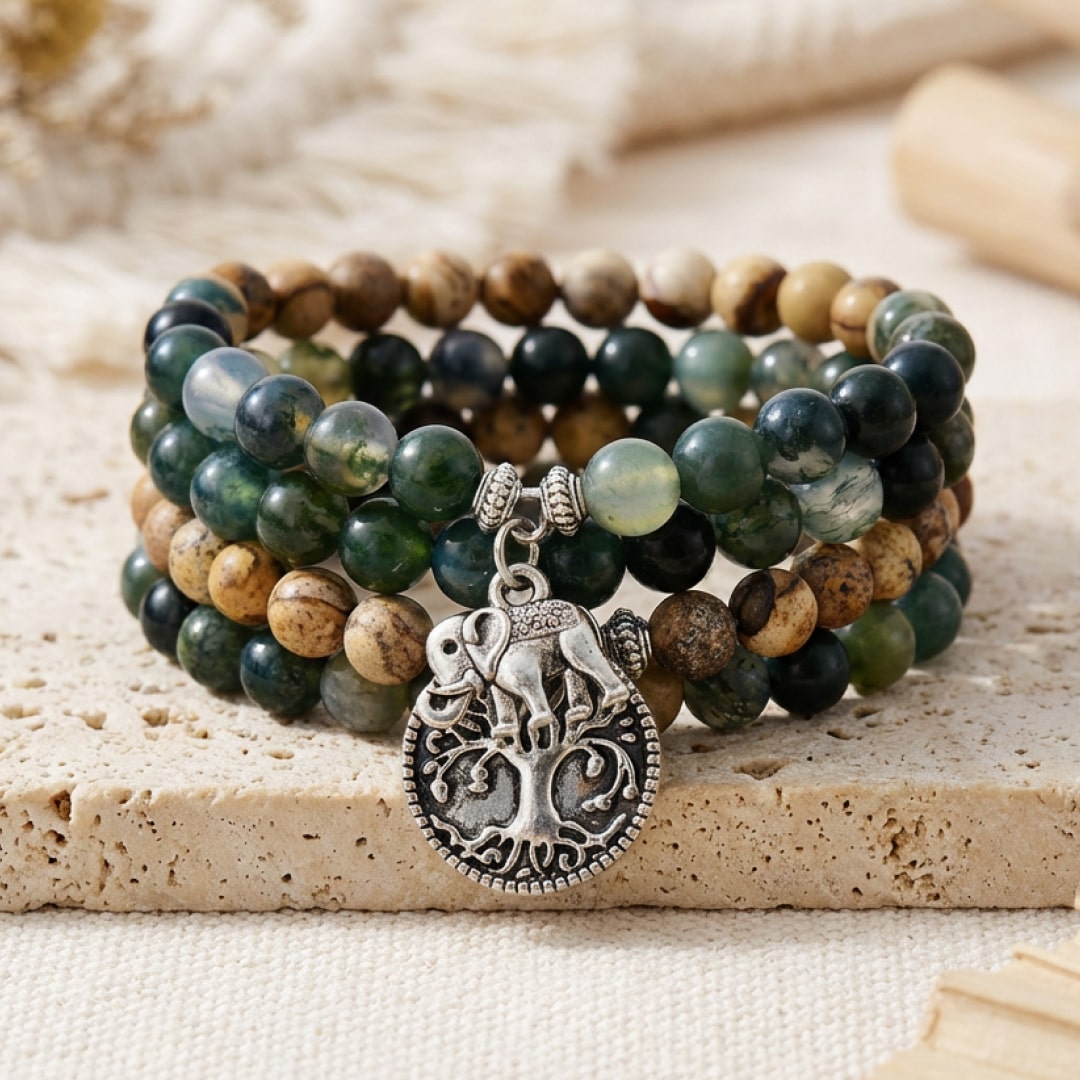 Bracelet Mala "Gaia" en Agate Mousse & Jaspe Paysage