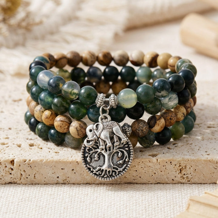 Bracelet Mala "Gaia" en Agate Mousse & Jaspe Paysage