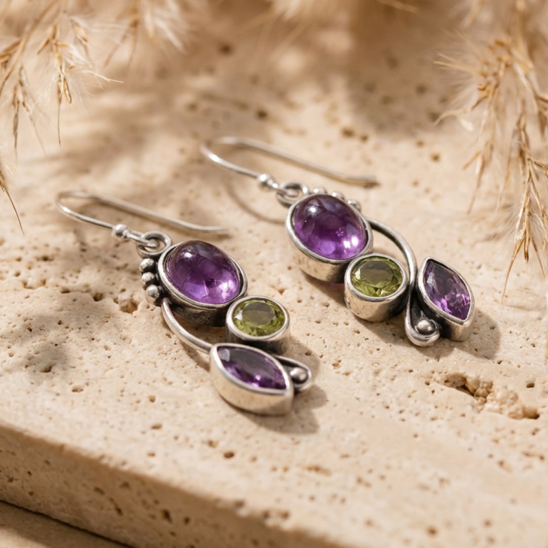 Boucles d'Oreilles "Cascade de Sérénité" en Améthyste & Péridot