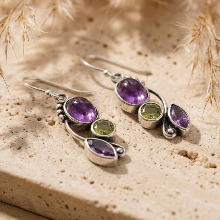 Boucles d'Oreilles "Cascade de Sérénité" en Améthyste & Péridot