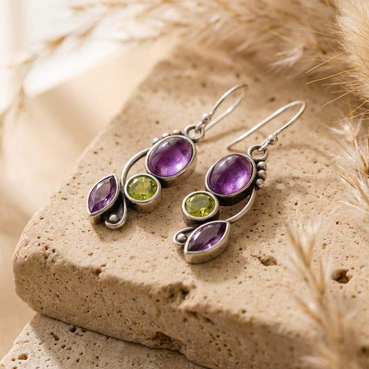 Boucles d'Oreilles "Cascade de Sérénité" en Améthyste & Péridot