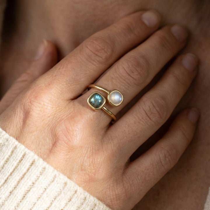 Bague Ajustable "Isha" en Labradorite & Pierre de Lune