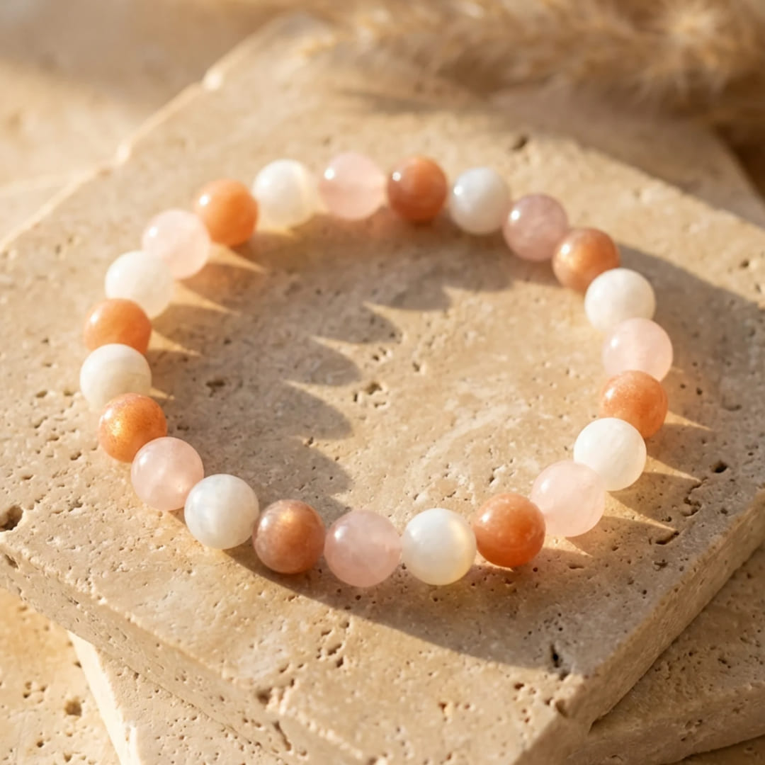 Bracelet "Vénus" en Pierre de Soleil, Quartz Rose & Pierre de Lune