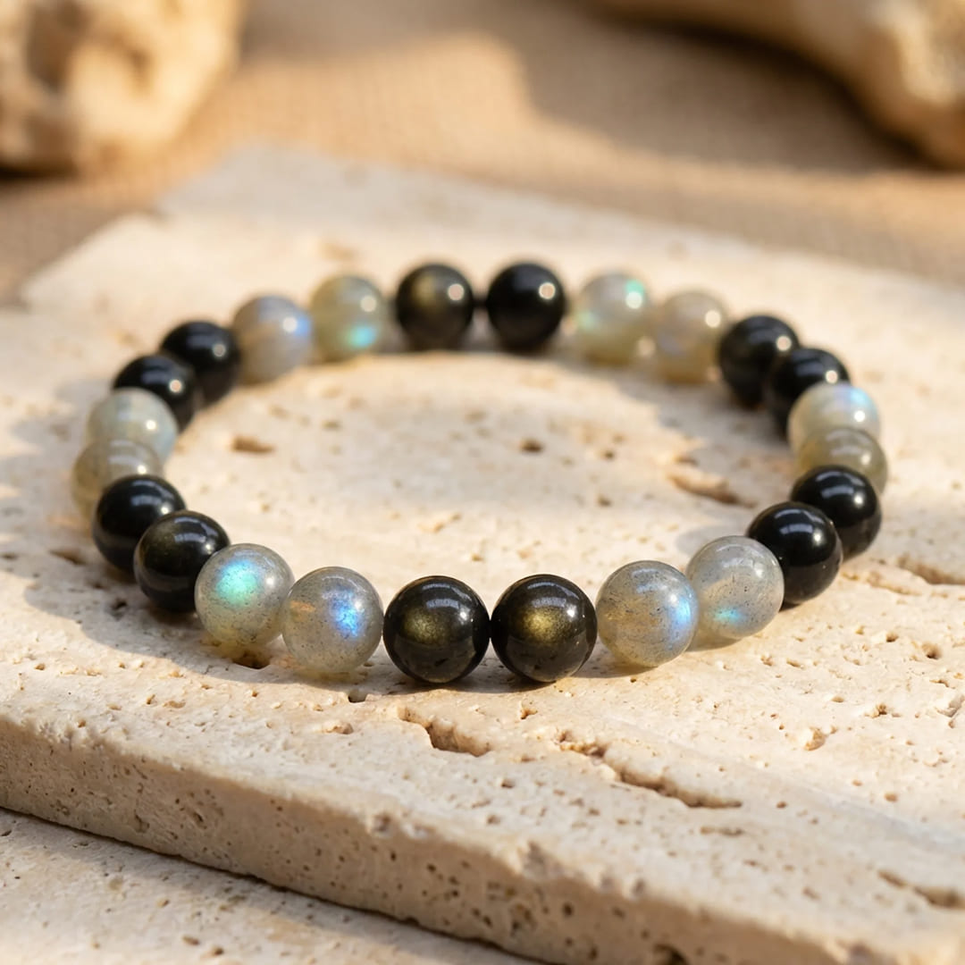 Bracelet "Refuge Spirituel" en Labradorite & Obsidienne Dorée
