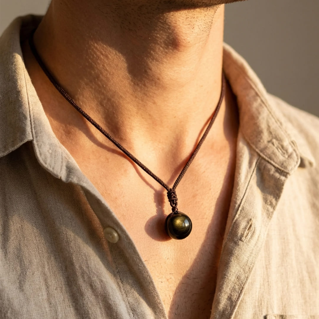 Pendentif "Sphère" en Obsidienne Dorée