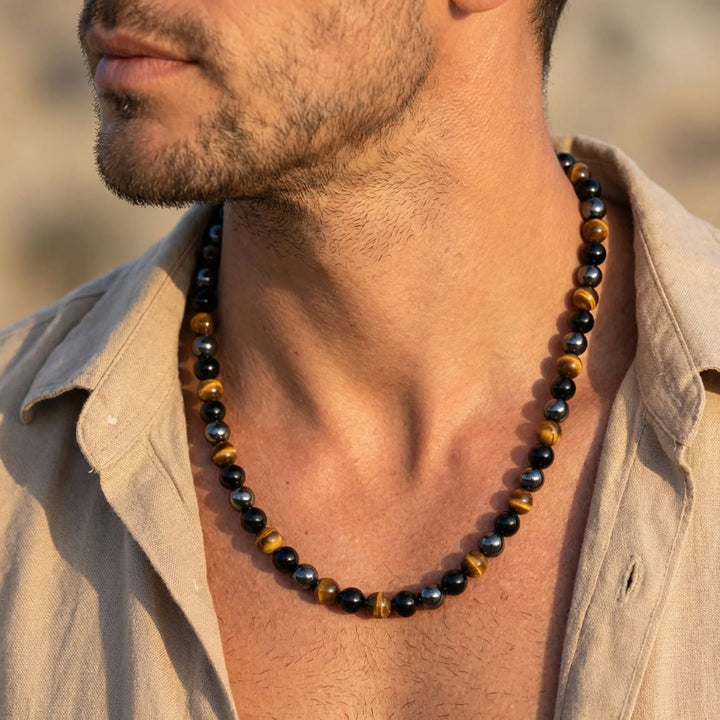 Collier "3 Protections" en Hématite, Obsidienne & Oeil de Tigre