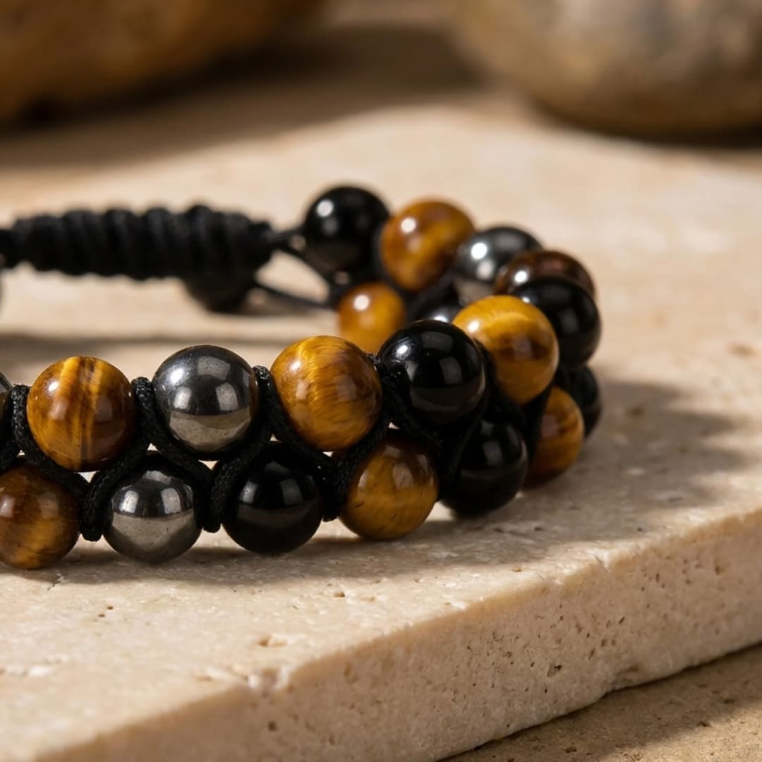 Bracelet Tressé "Triple Protection " en Hématite, Oeil de Tigre & Obsidienne