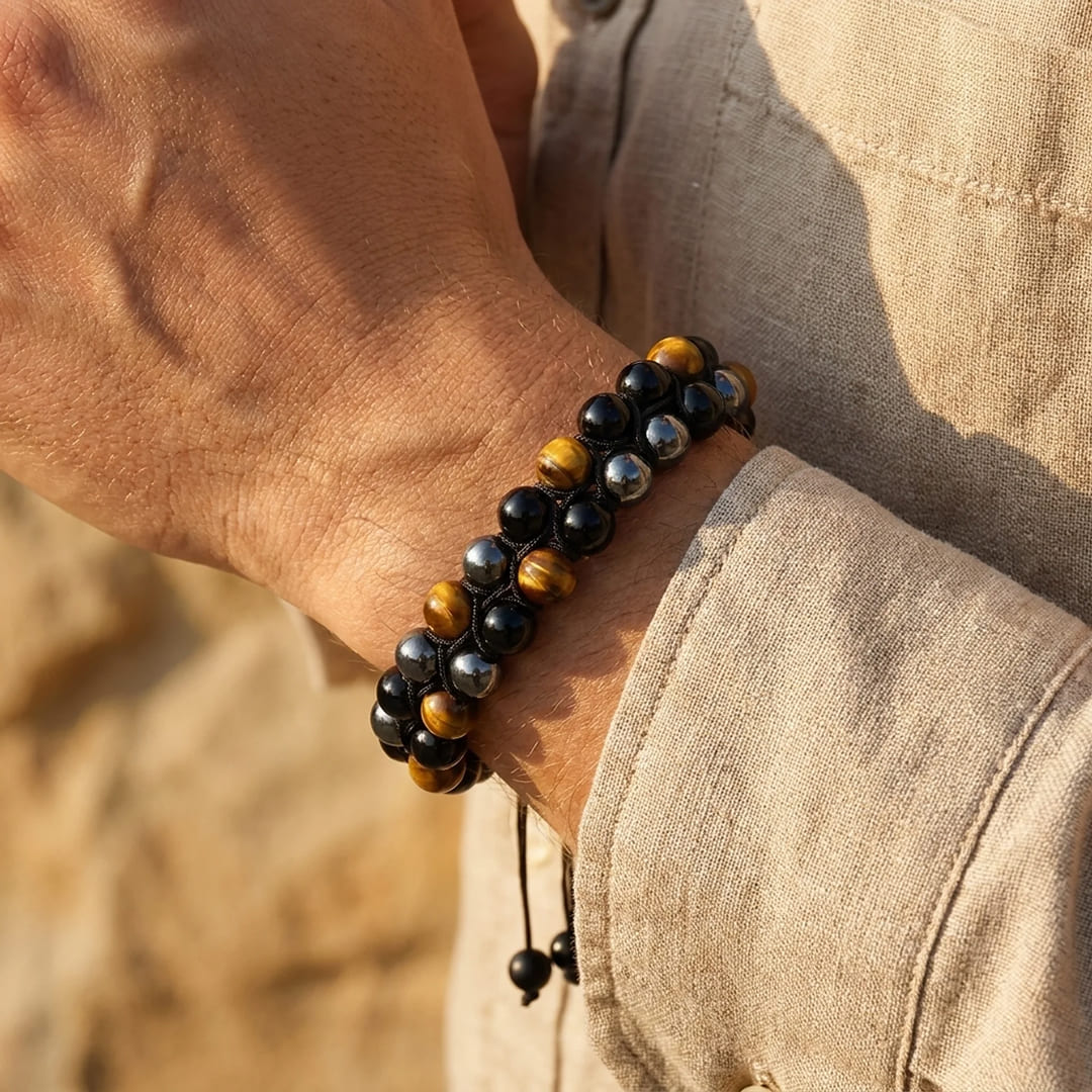Bracelet Tressé "Triple Protection " en Hématite, Oeil de Tigre & Obsidienne