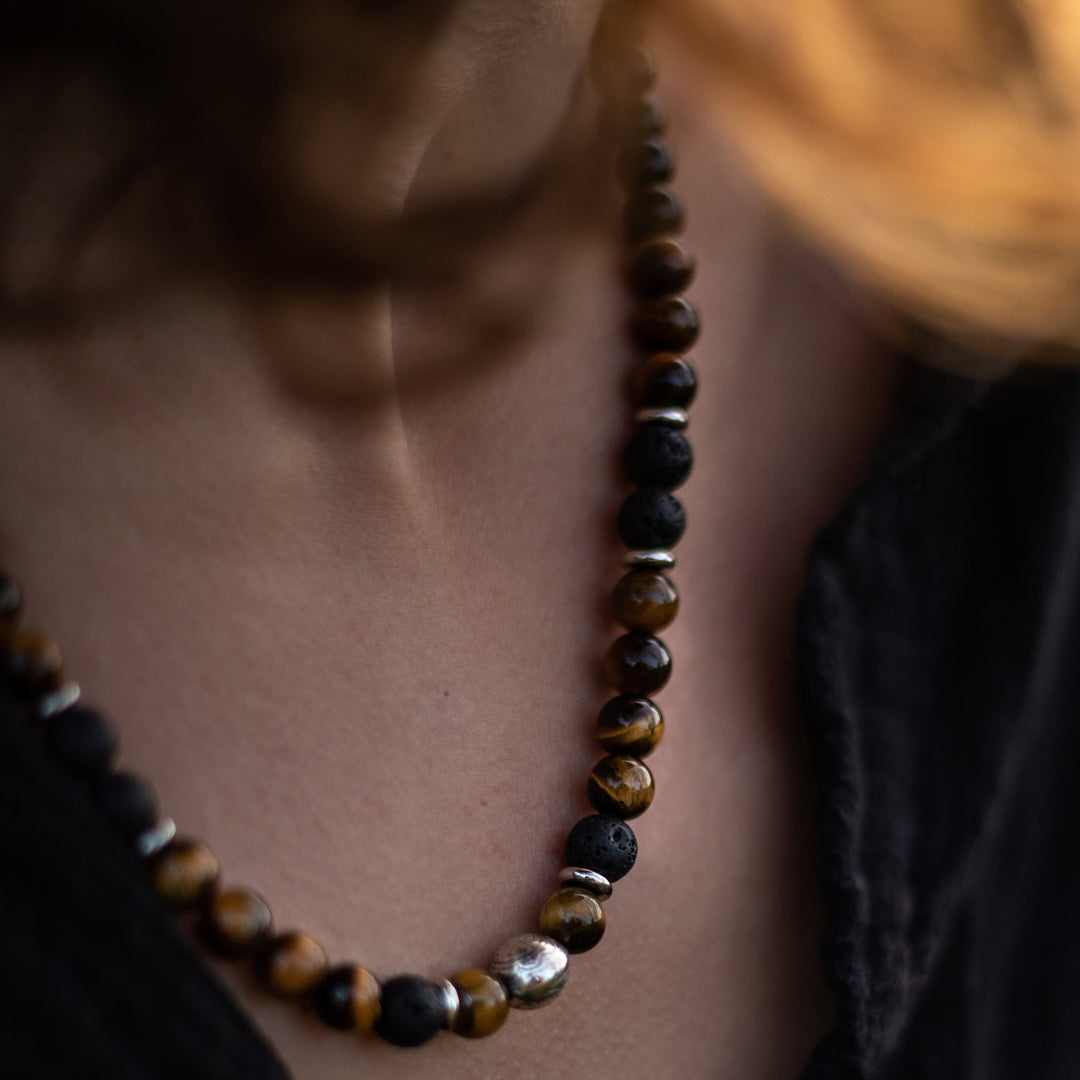 Collier "Énergie Terre & Feu" en Pierre de Lave & Oeil de Tigre