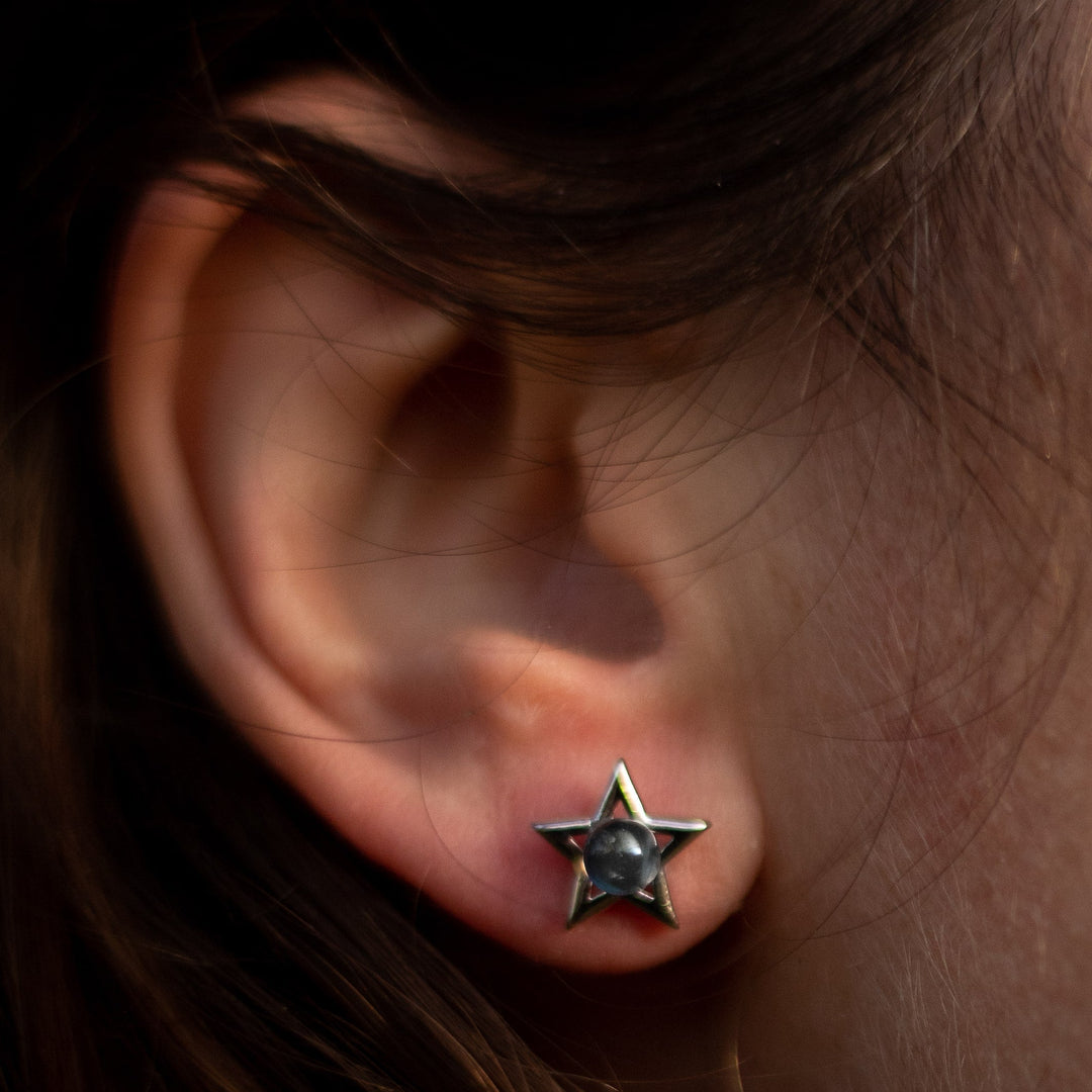 Boucles d'Oreilles "Lune Étoile" en Labradorite & Métal Argenté
