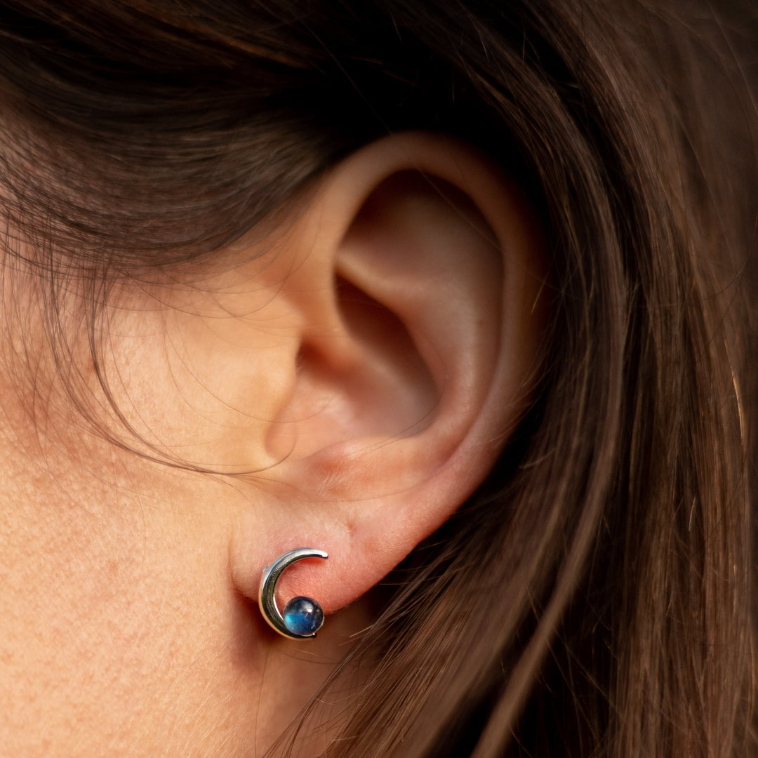 Boucles d'Oreilles "Lune Étoile" en Labradorite & Métal Argenté